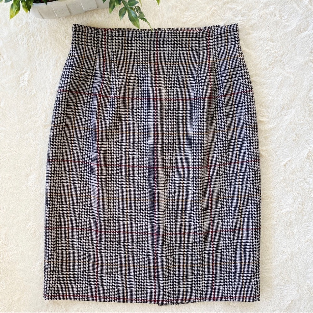 Vintage black red high waist houndstooth plaid wool pencil skirt 8